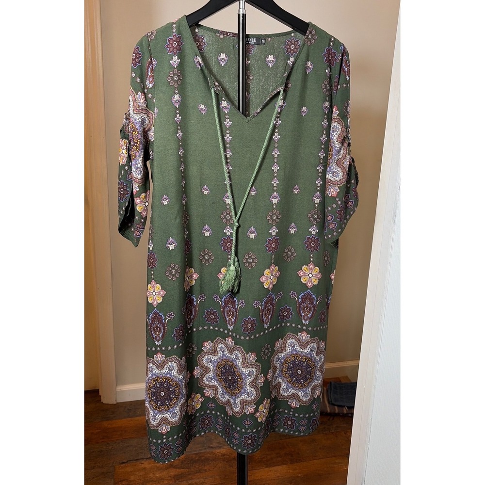 Aranee Olive Green Boho Paisley Floral Tassel‎ V-Neck Shift Dress Womens Medium